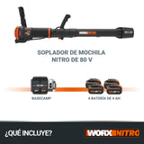 WORX Soplador de Hojas 80V Máx. WORX Nitro | WG572E | PowerShare | Incluye 4 baterías de 20V y 4Ah | Cargador Basecamp | Tecnología Air Enhacer
