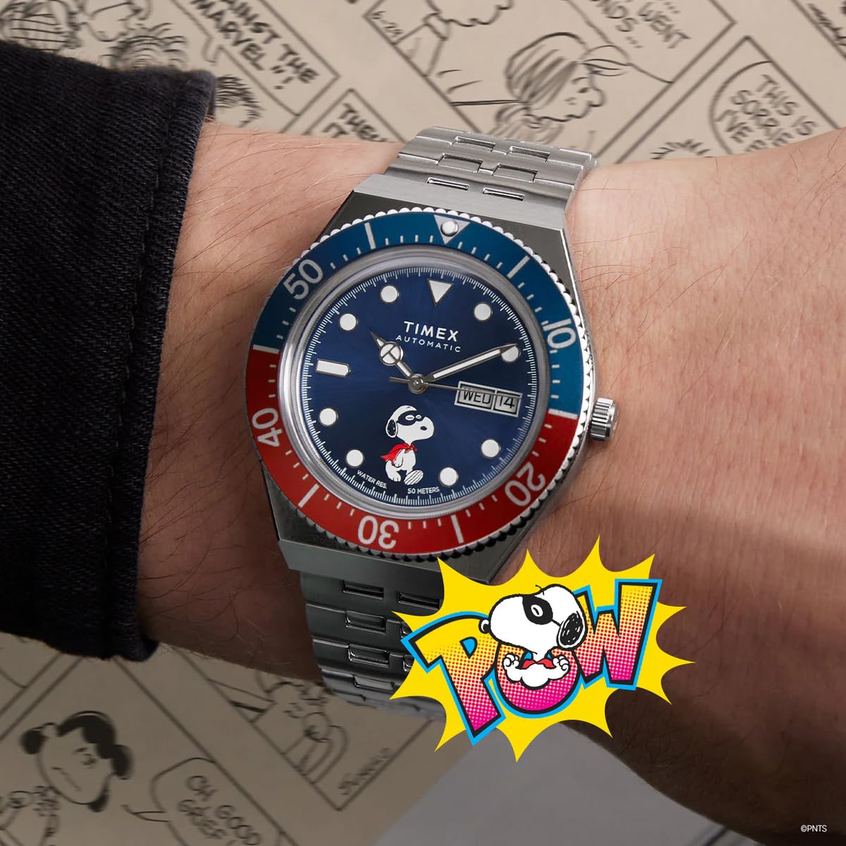 Timex Peanuts Automatic - Reloj de 40 mm para hombre, pulsera de acero inoxidable, esfera azul, caja de acero inoxidable TW2W47500