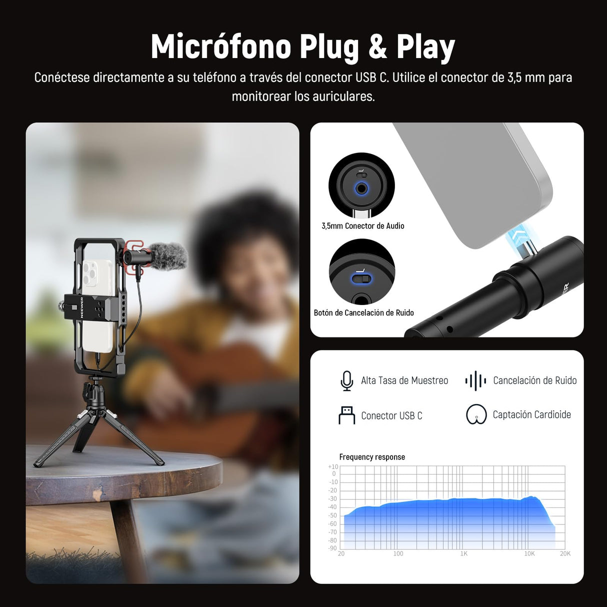 NEEWER Jaula Universal para teléfono móvil, estabilizador de vídeo, iluminación con Disparador Bluetooth, Mango Lateral, luz LED, micrófono USB C, Compatible con iPhone 16 Pro MAX 15 Pro MAX S24