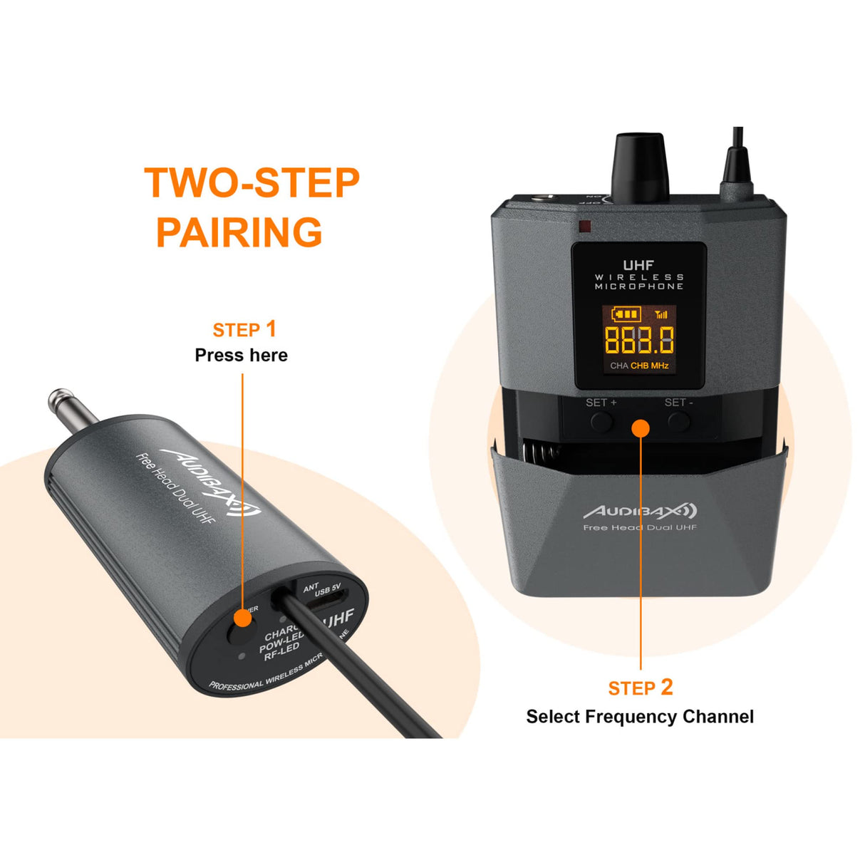 Audibax Missouri Free Head Dual UHF Sistema de Micrófono de Diadema con Receptor Recargable