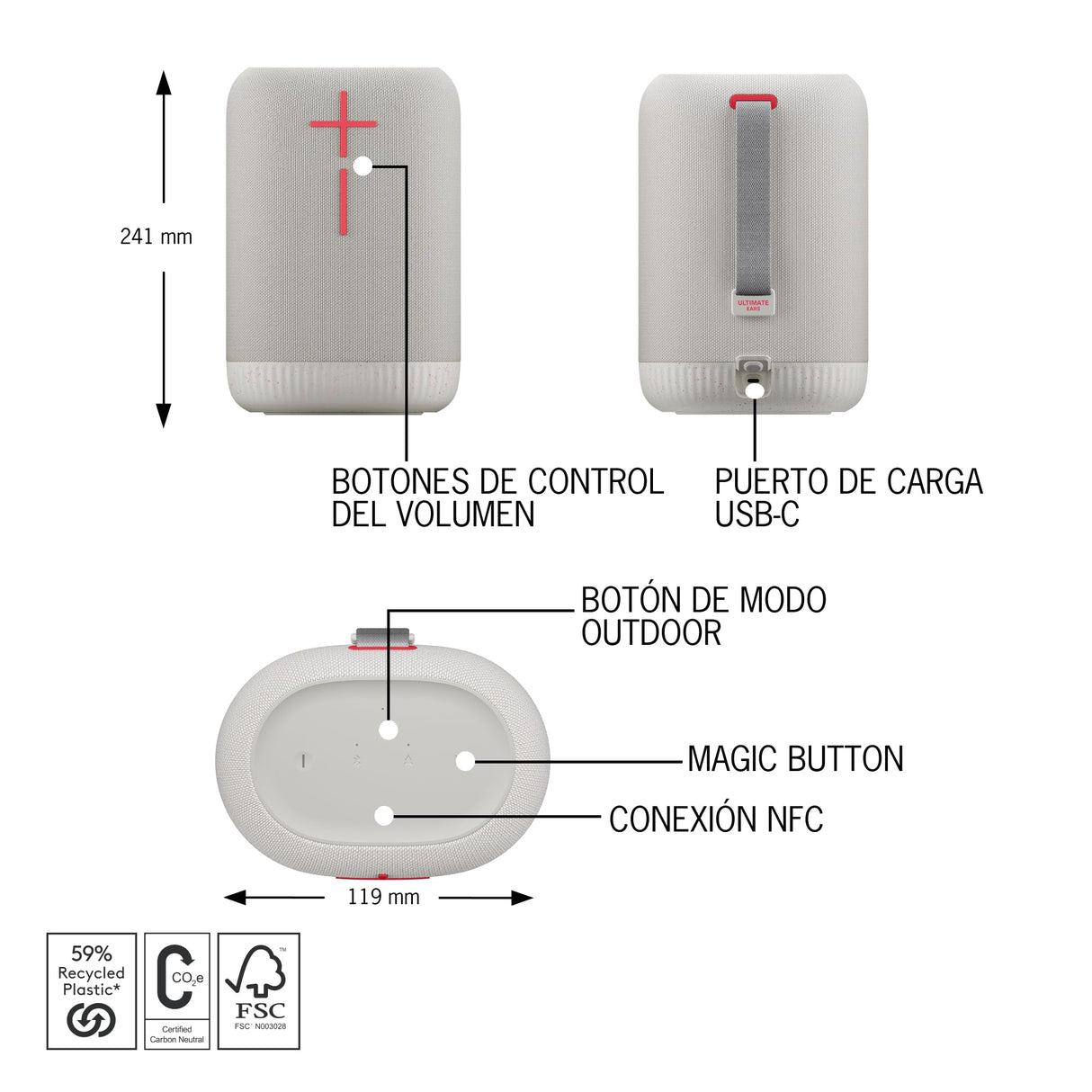 Ultimate Ears EPICBOOM, Altavoz Bluetooth portátil inalámbrico, Graves potentes, Sonido de 360 Grados, EQ adaptativo, Impermeable IP67, Flota, 17 Horas de batería, Radio de acción 6 m, USB C, Blanco