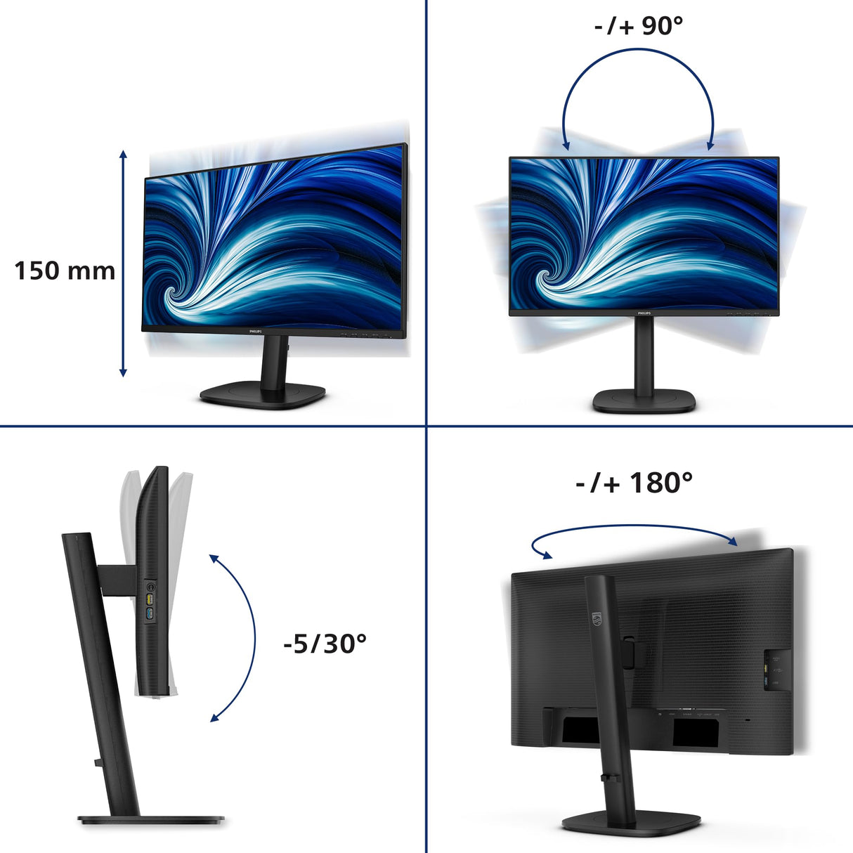 Philips 24B2N3200J - Monitor FHD de 24 Pulgadas, Altavoces, Altura Ajustable (1920 x 1080, 120 Hz, VGA, HDMI 1.4, DisplayPort 1.2, concentrador USB) Negro