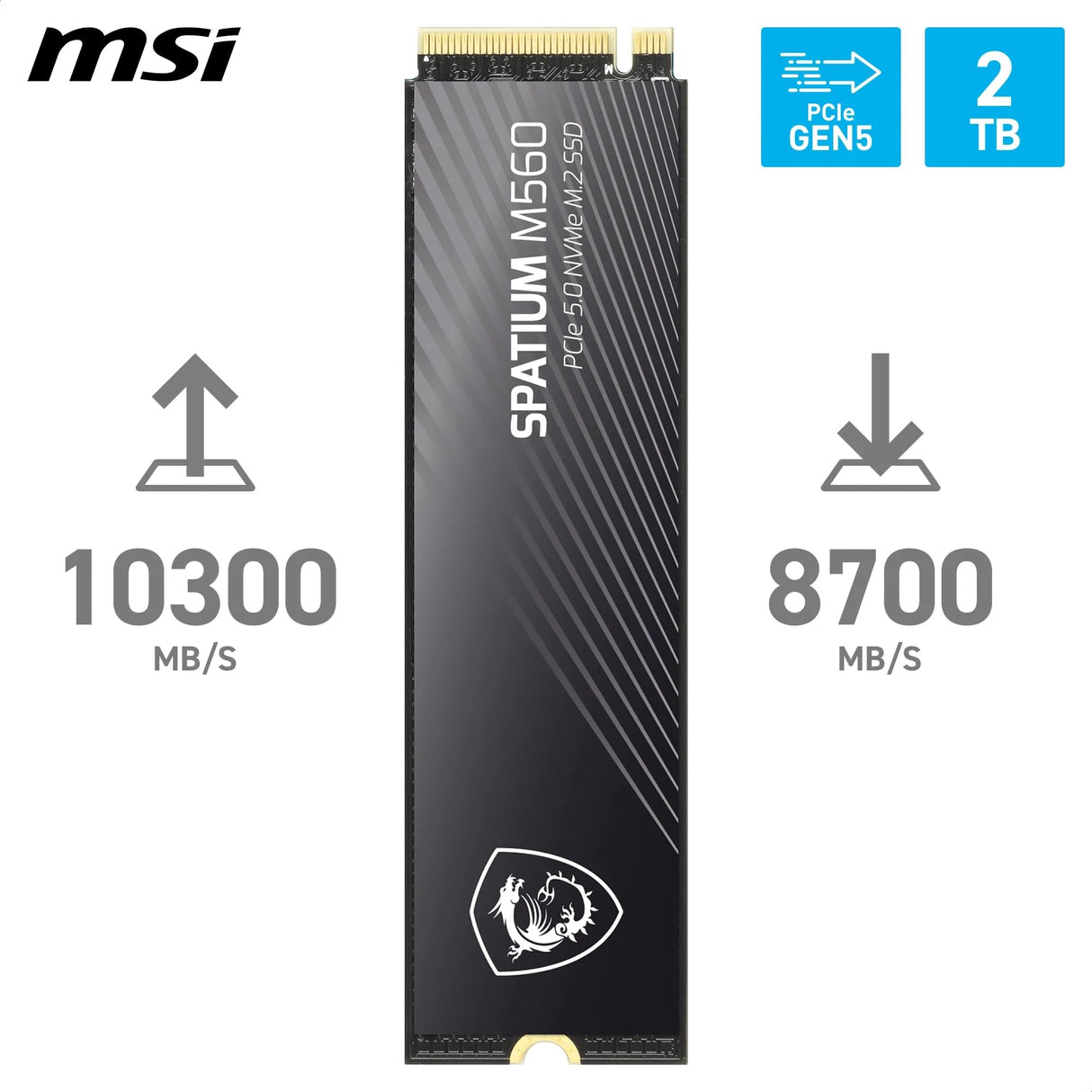 MSI Spatium M560 SSD 2TB PCIe 5.0 NVMe M.2 Unidad de Estado sólido Interna, 10.300MB/s de Lectura y 8.700MB/s de Escritura, 3D NAND, Seguridad de Datos integrada, Center