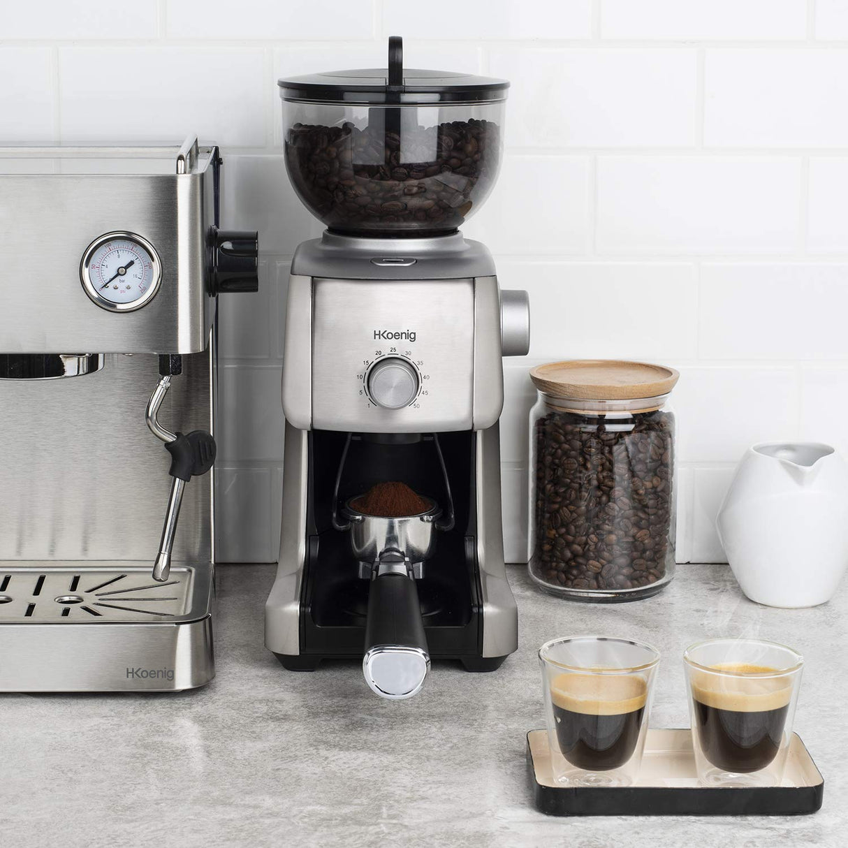 H.Koenig Molinillo de café eléctrico profesional GRD830, Trituradora pro, Sistema de molido cónico, 16 tamaños de molido, Potencia 130W, 400g, Molinillo extraíble, Cuerpo de aluminio, Fácil limpieza