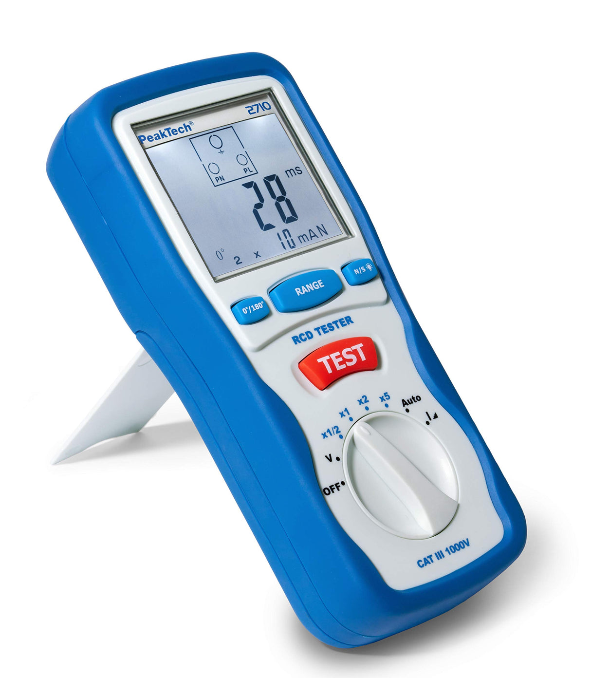 PeakTech 2710 – Probador digital de FI con pantalla LCD grande, disyuntor de corriente residual, cuchilla RCD, carcasa con doble aislamiento, voltaje de funcionamiento 230V / 50Hz - CAT III 600 V