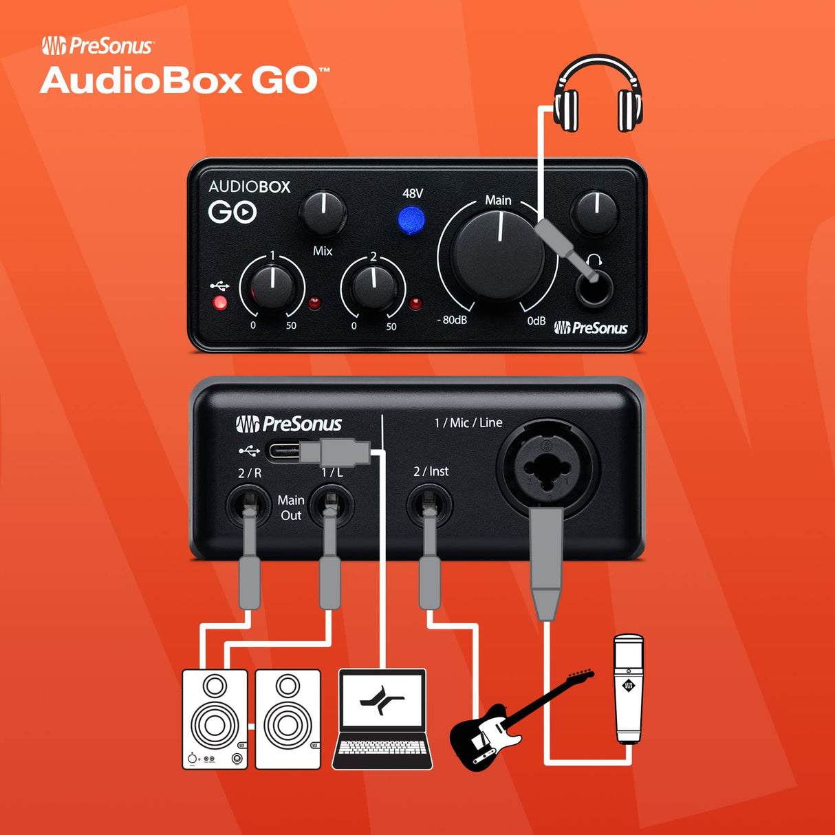 PreSonus AudioBox GO, Interfaz de Audio USB-C, Para Producción Musical con Software de Grabación Studio One, Tutoriales Musicales, Ejemplos de Sonido e Instrumentos Virtuales