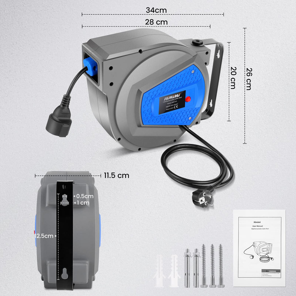 Himimi Carrete de cable automático de 15m + 1m, 1500W ~ 3000W tambor de cable, recogecables montaje en pared 180°, giratorio para montaje en pared con soporte de montaje