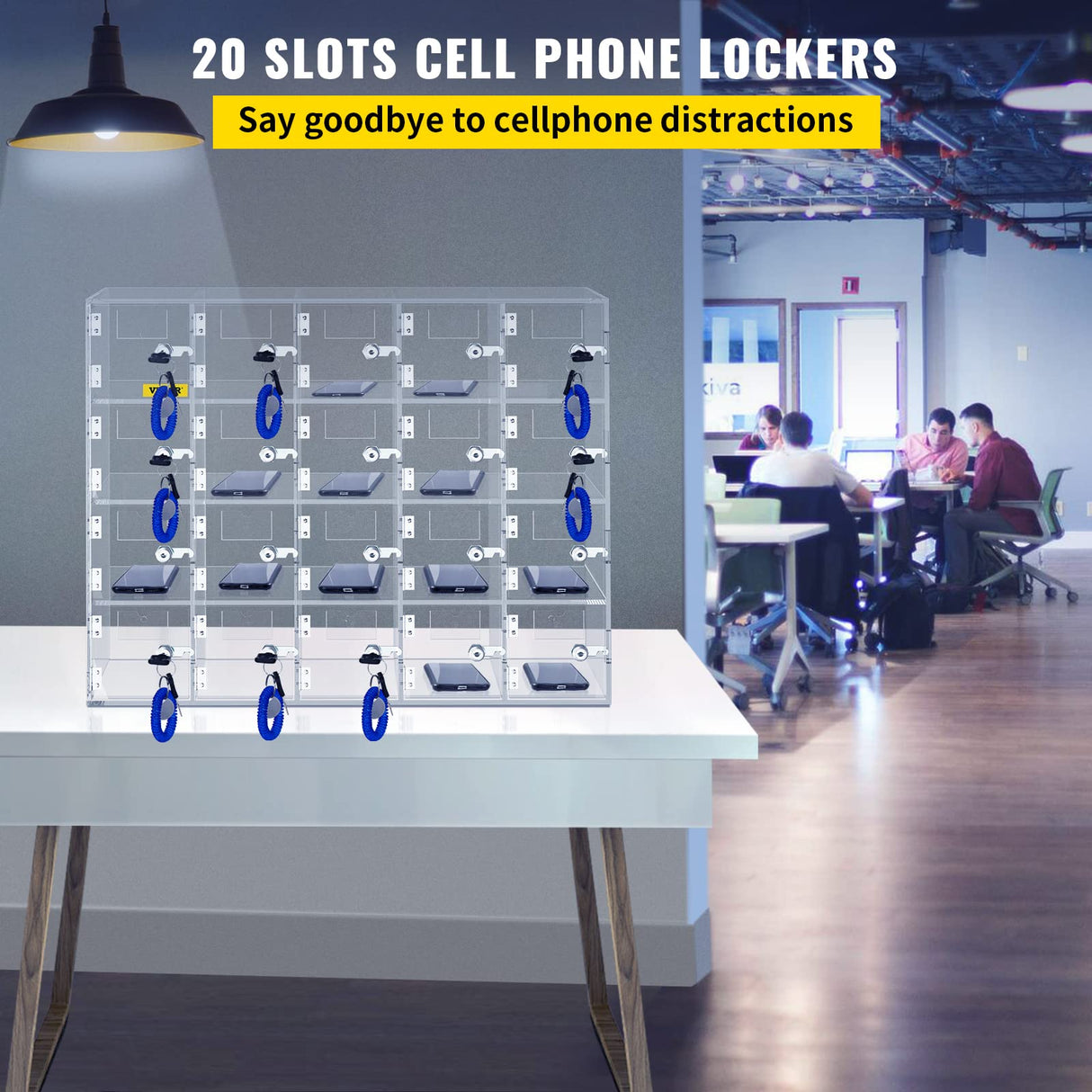 VEVOR Casillero de Almacenamiento para teléfono móvil, Cabina telefónica de acrílico con Cerradura, 20 Ranuras, 53x18x42,5 cm, gabinete de Almacenamiento para teléfono con Llaves, Sala de reuniones