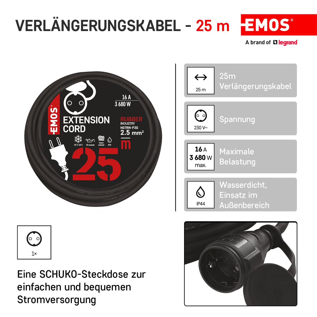 EMOS Cable alargador Schuko de 25 m, Cable de extensión de Goma para Exteriores (IP44), H07RN-F3G 2,5 mm2