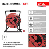 EMOS P19221 Carrete de Cable de 50m-4 enchufes Schuko-Impermeable, Impactos, Resistente a temperaturas-230 V, 15 A, 3500 W-Aislamiento de goma-H05RR-F 2,5 mm2-IP44 para Exteriores, Gris, Azul, Negro
