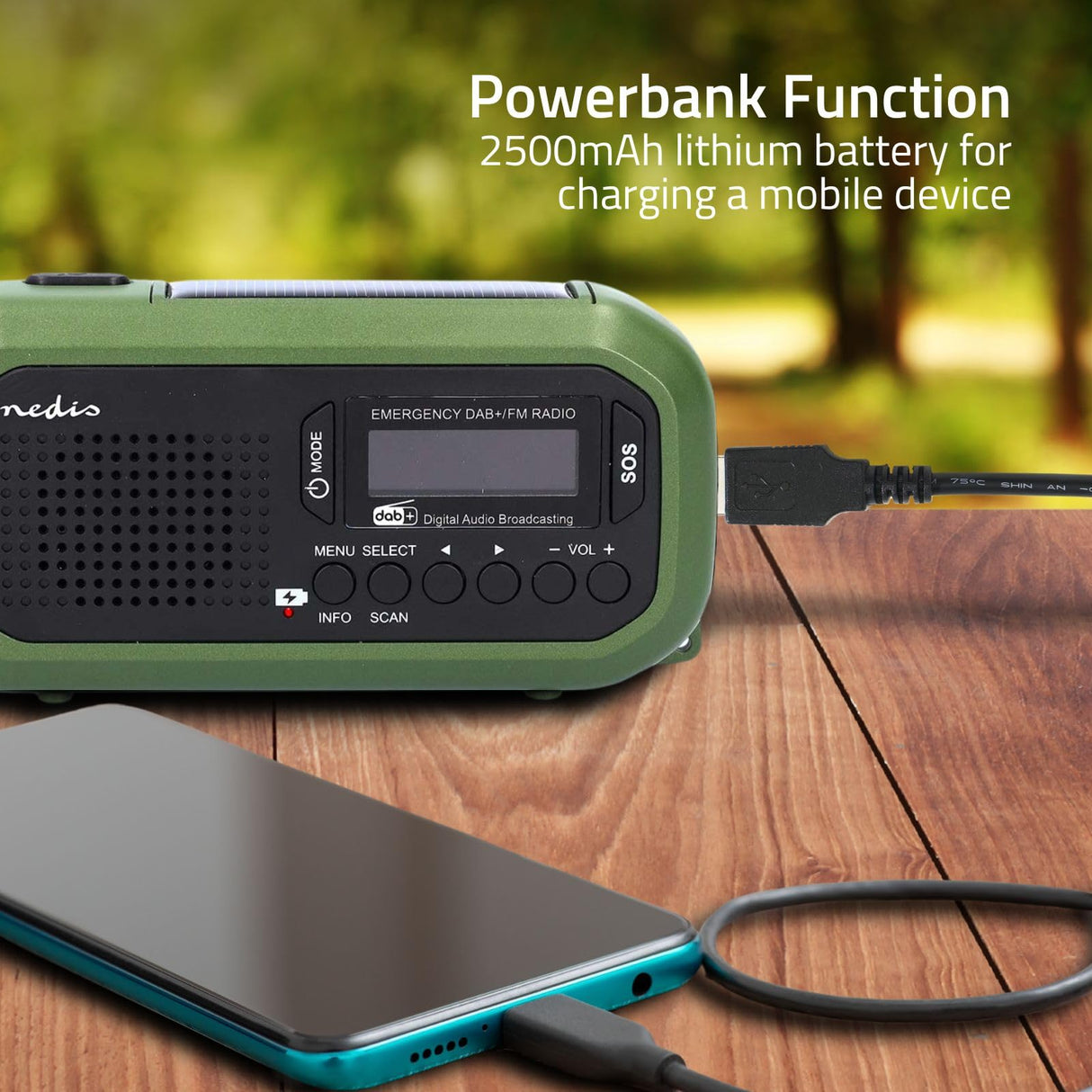 Radio de Emergencia – Versión portátil – Dab+ / FM – Funciona con Pilas/manivela/energía Solar/alimentación Mediante USB – Despertador – Verde/Negro
