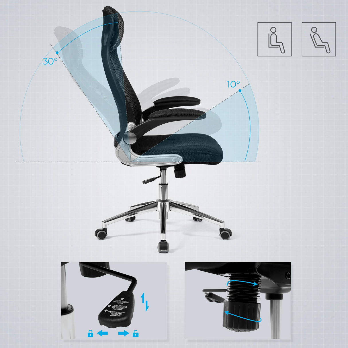 SONGMICS OBN86BK Silla giratoria de Oficina Silla de Escritorio de Malla con reposacabezas Mecanismo sincronizad y Altura Ajustable Negro