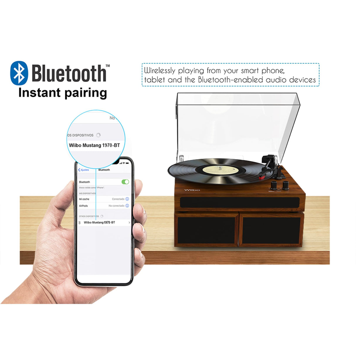 Wiibo Mustang 1970-BT Light - Tocadiscos de Vinilo con Altavoces y Bluetooth - Giradiscos de Diseño Retro - Salidas RCA para Altavoces - Selección de Velocidades 33/45/78 RPM - Cápsula de Cerámica