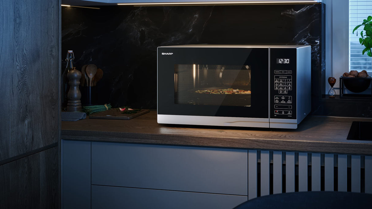 SHARP YC-PC322AE-S Microondas con grill y aire caliente (1000 W, 32 L, 10 niveles de potencia, función eco, función descongelador), color plateado y negro