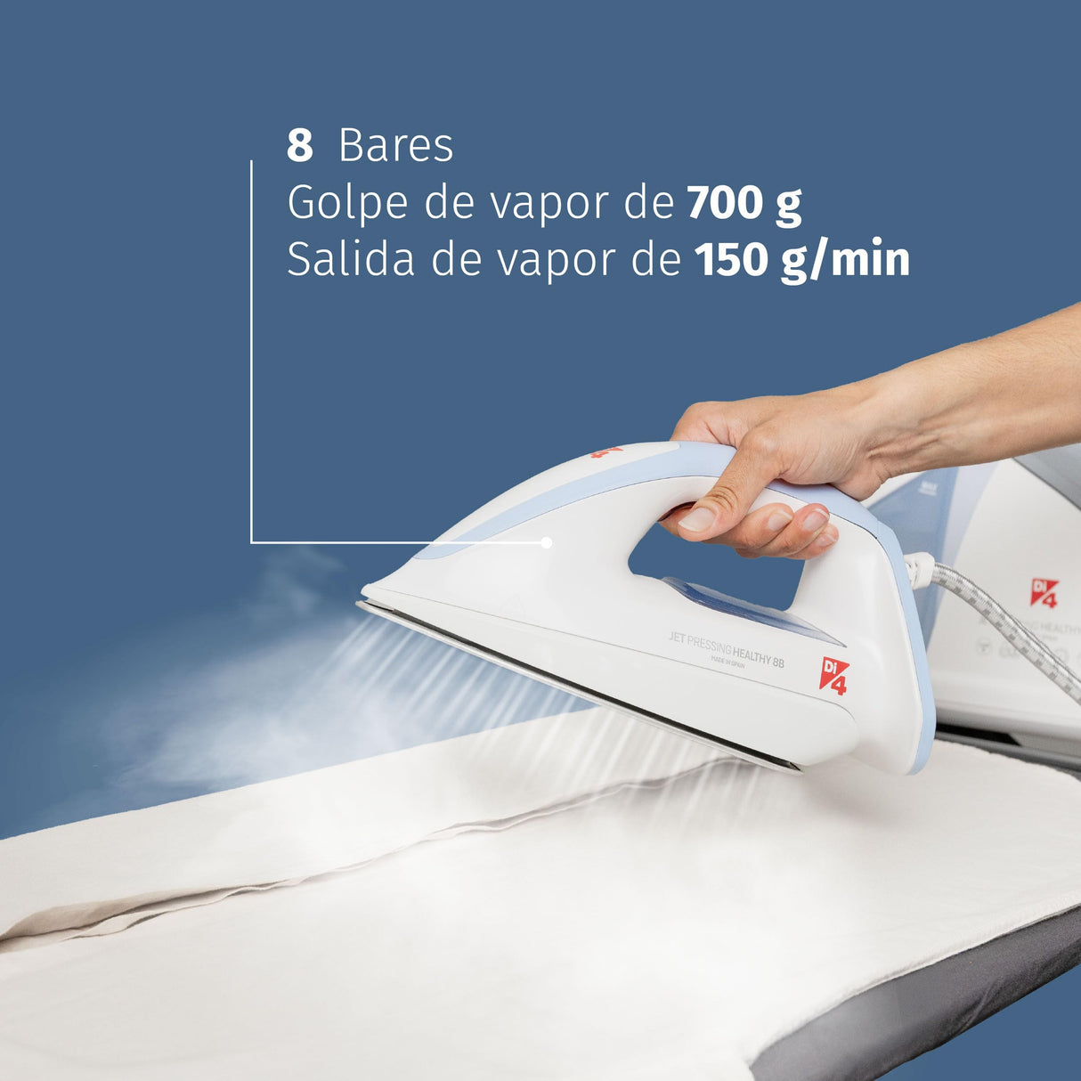 DI4 Centro de Planchado Jet Pressing Healthy 8B, 2600W, Golpe de Vapor 700gr, Vapor Continuo 150gr/min, Elimina 99,99% de Virus y Bacterias, Tecnología SmartCare, Suela 4D PROslide, Blanco