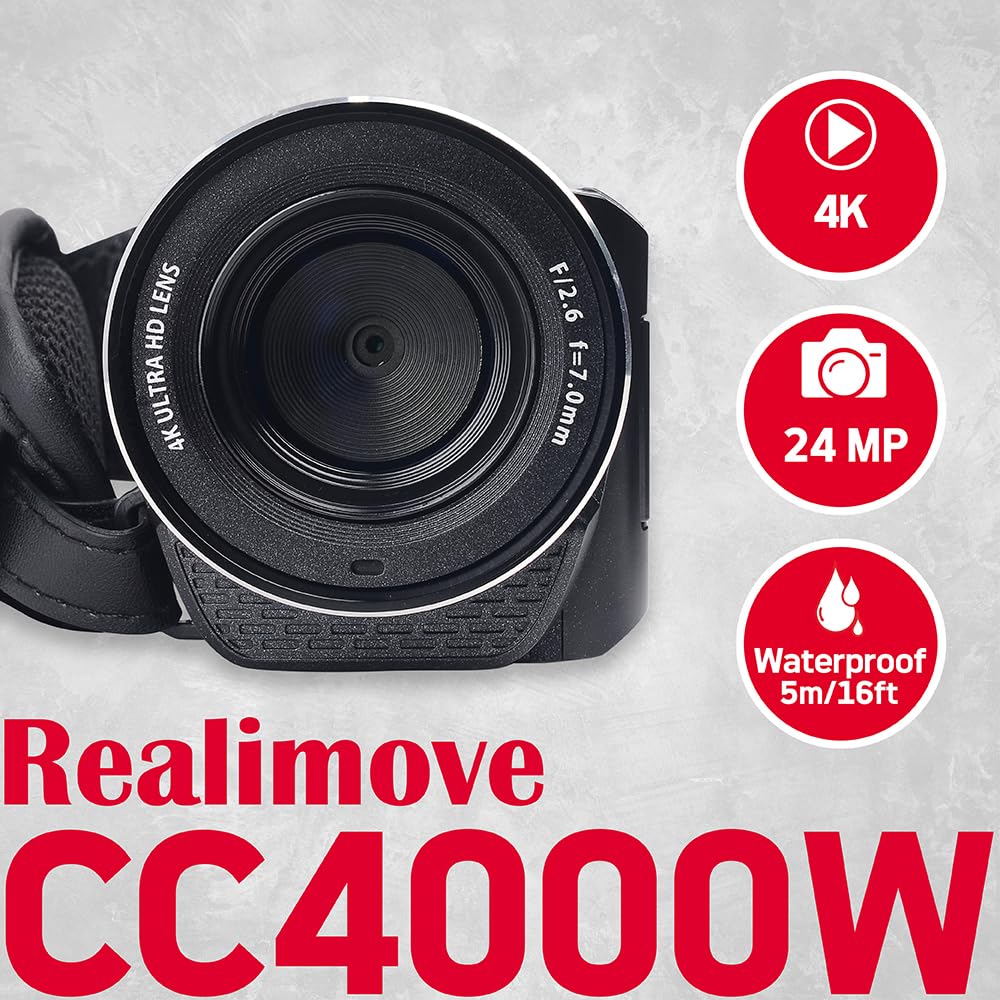 Agfa Photo Realimove CC4000W - Videocámara 4K Resistente al Agua con Pantalla táctil de 3", Zoom Digital de 18x, vídeo 2,7K, Foto 24 MP, LED, batería de Litio - Negro