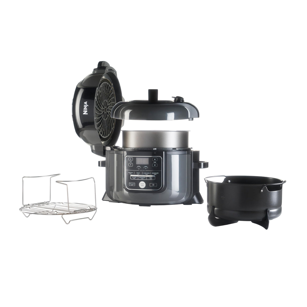 Ninja Foodi Olla eléctrica multifunción, 6 l, 7 funciones en 1, Olla a presión, Freír con aire, Cocción lenta, Parrilla y más, en acero galvanizado y negro, OP300EU