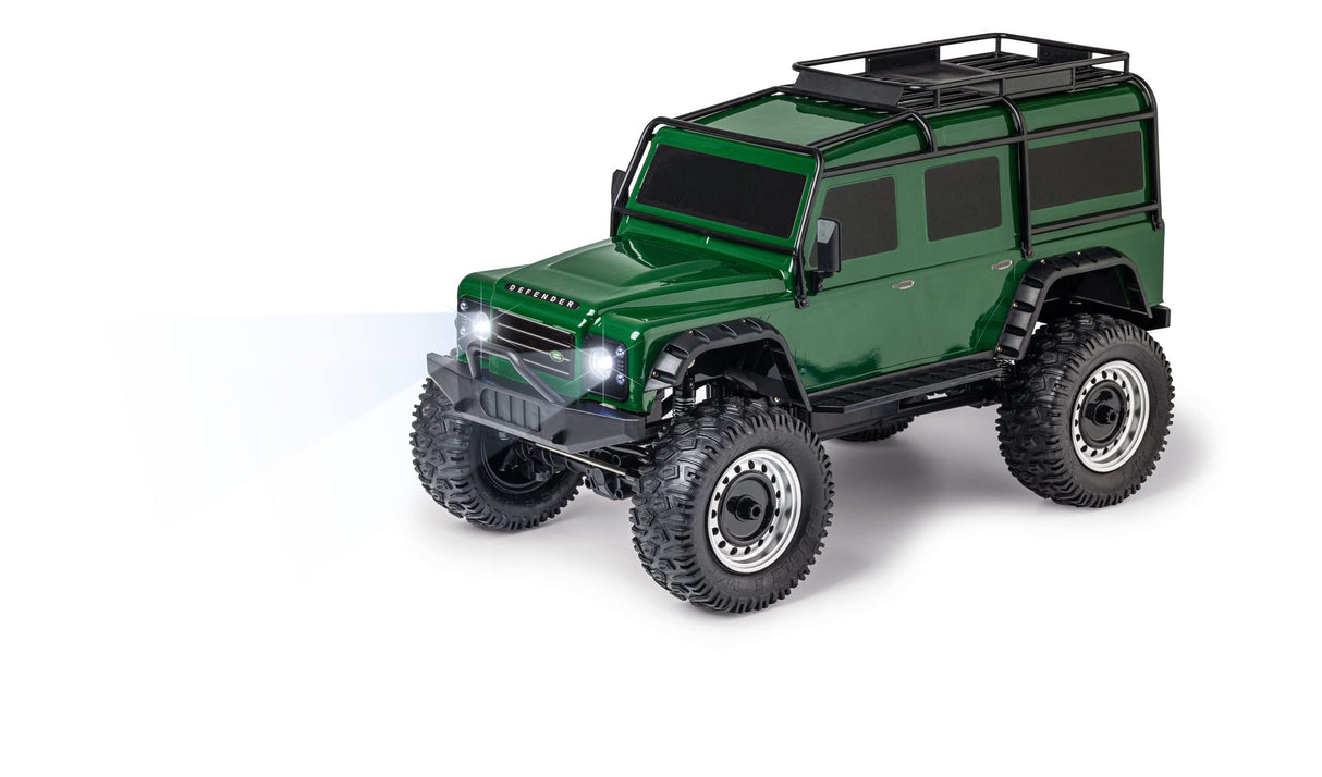 Carson 500404236 1:8 Land Rover Defender 100% RTR British Vert - Voiture radiocommandée, véhicule RC, Batteries et radiocommande incluses, Vitesse km/h, Temps de conduite 20 min