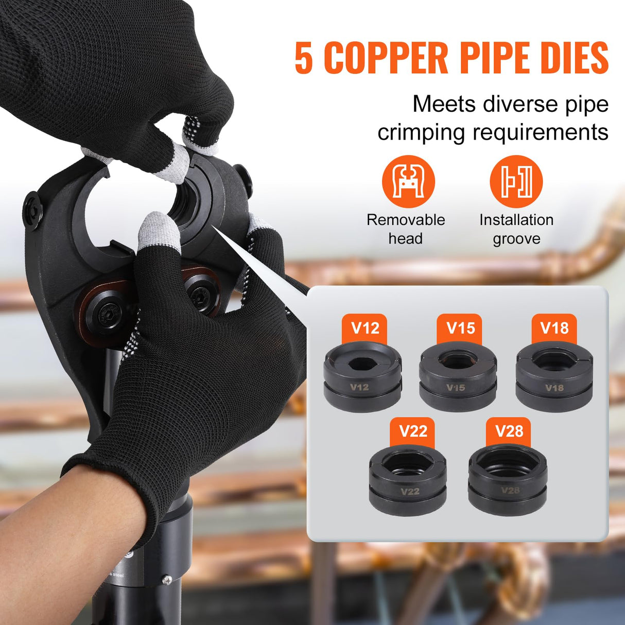 VEVOR Herramienta de Prensado Hidráulica de Tuberías para Accesorios de Tubos de Cobre, Mordazas de Cambio Rápido V12, V15, V18, V22, V28, Giratorio de 360° para Espacios Confinados, 415 x 220 x 70 mm