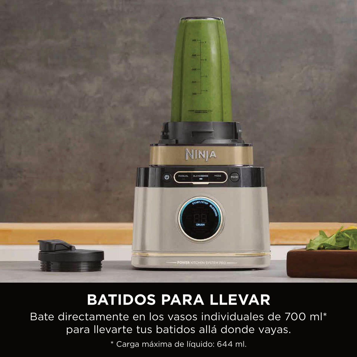 Ninja Detect Power Pro Batidora y Procesador de alimentos 3 en 1 (1200W), 3 vasos de 700ml y cuchilla para masa, ideal para mezclar, picar y batir, piedra dorada, TB401EUSTGD