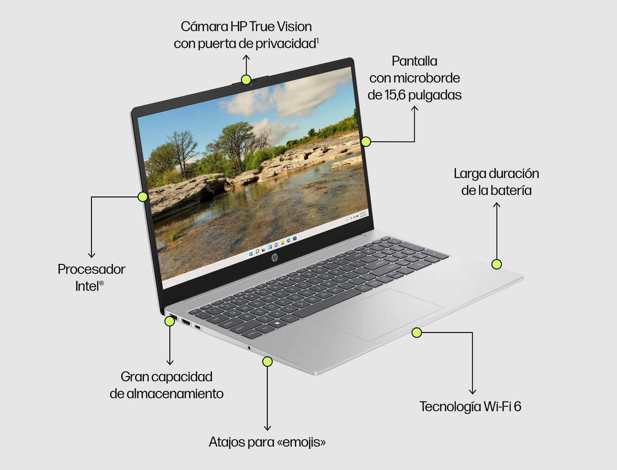 HP 15-fd0187ns - Ordenador portátil de 15.6" FHD (Intel N100, 8GB RAM, 256GB SSD, Intel UHD, Windows 11) Plata - Teclado QWERTY Español