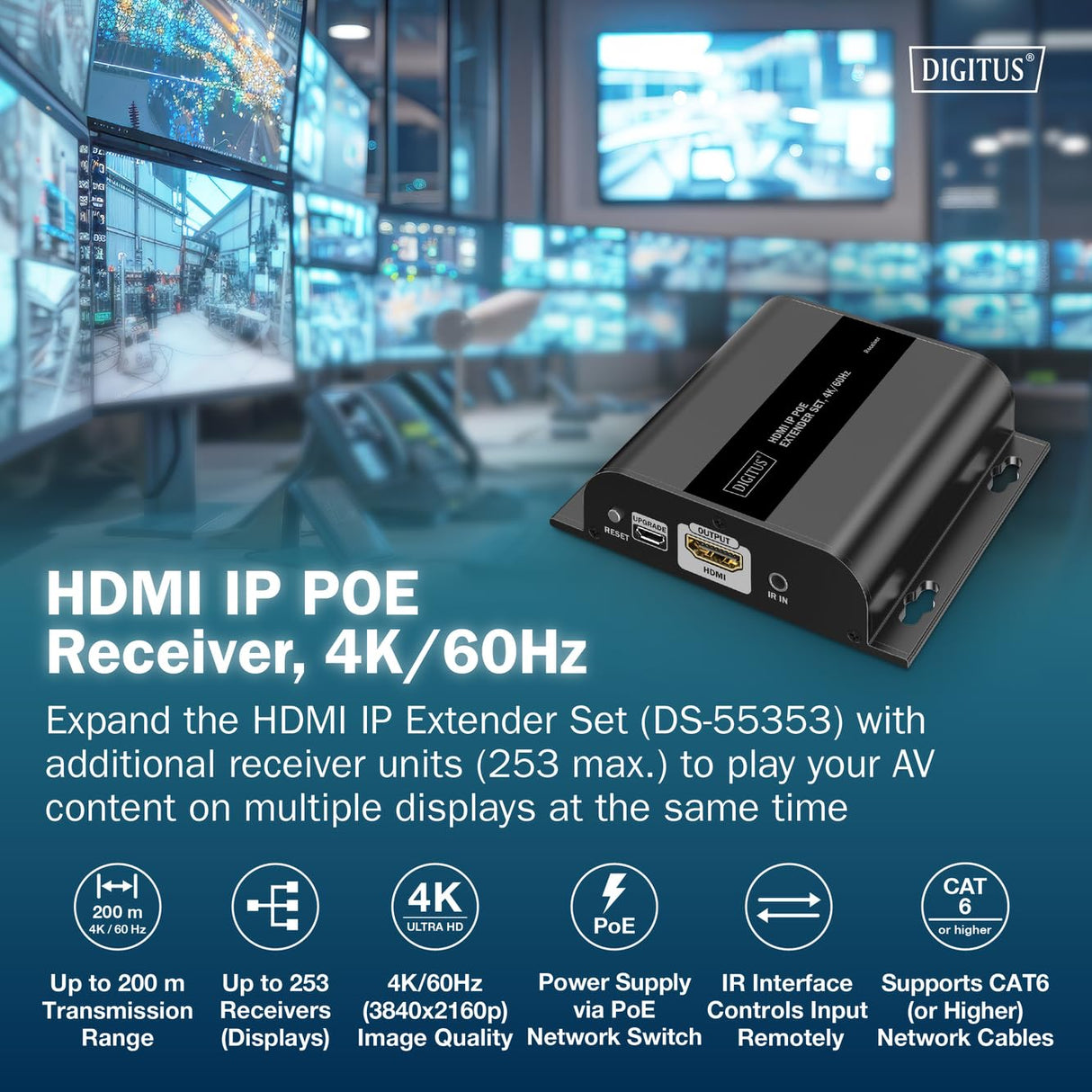 DIGITUS Receptor extensor HDMI PoE IP para DS-55353 – UHD 4k 60 Hz – HDMI 2.0 – hasta 120 m de alcance – unidad receptora – punto a multipunto – CAT 6 – negro