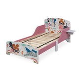 Relaxdays Cama Infantil con Estante, Baja, Somier Láminas, Barandillas, Diseño Superheroína, 60x94x143cm, Multicolor