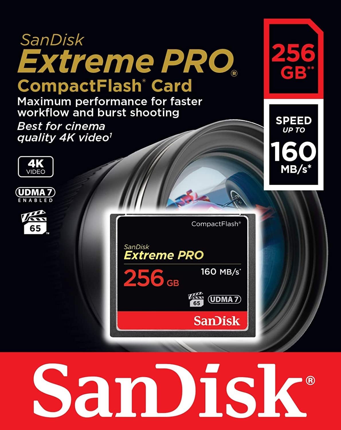 SanDisk Extreme Pro 256 GB 160 MB/s CompactFlash Memory Card - Black/Gold/Red, SDCFXPS-256G-X46