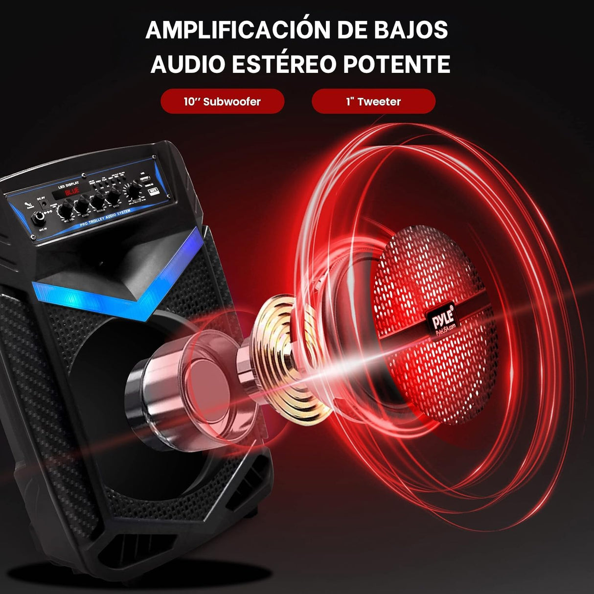 Pyle sistema de altavoces, PA, 600W, Bluetooth, portatil, recargable, exteriores, subwoofer de 10”, Tweeter de 1”, función de grabación, micrófono, luces de fiesta, Radio USB/SD