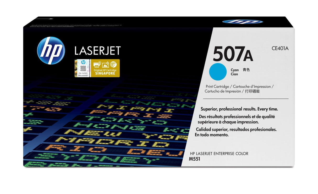 HP 507A CE401A, Cian, Cartucho Tóner Original, de 6.000 páginas, para impresoras HP LaserJet Enterprise 500 Color serie MFP 551, 575 y LaserJet Pro 500 Color MFP serie 570