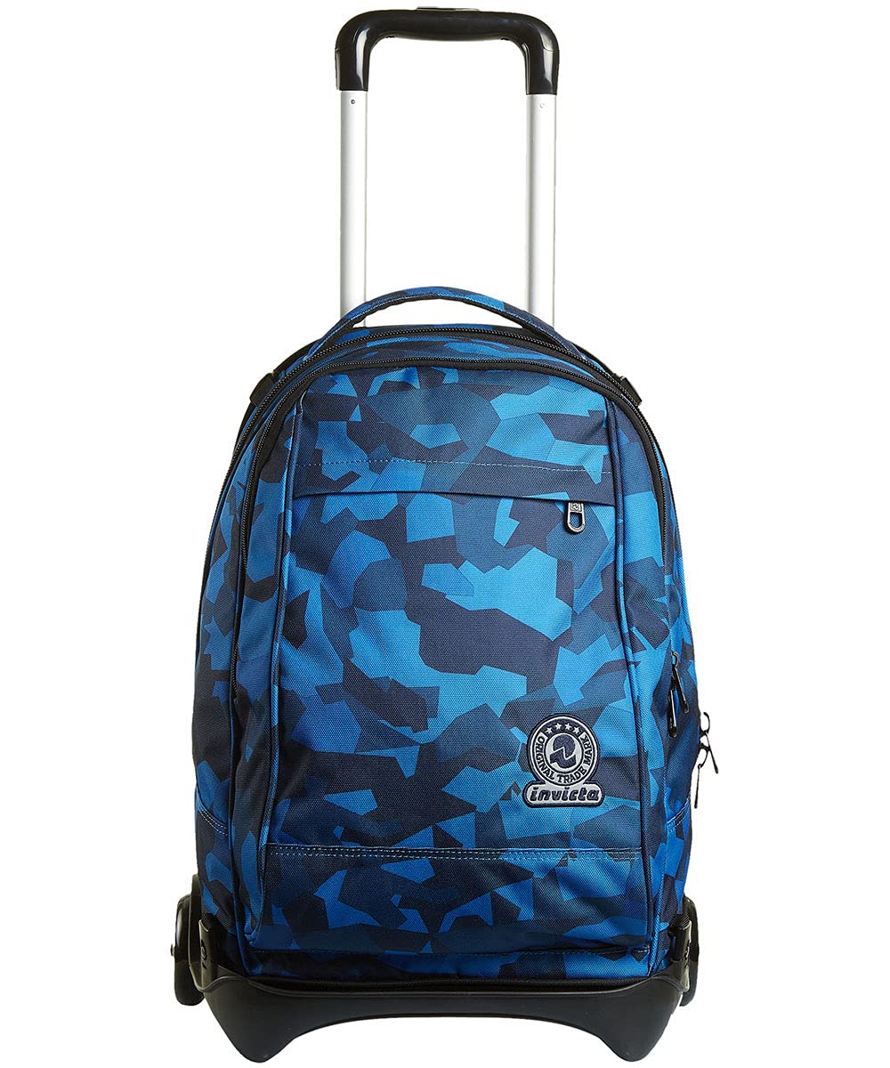 Invicta Mochila con Ruedas Desmontables + Carro, CAMO SQUARED, Azul Camu - Mochila 3 en 1, Trolley Escolar con Carro, Crossover System - Bolso Escolar Niños y Adolescentes - Doble Bolsillo Frontal