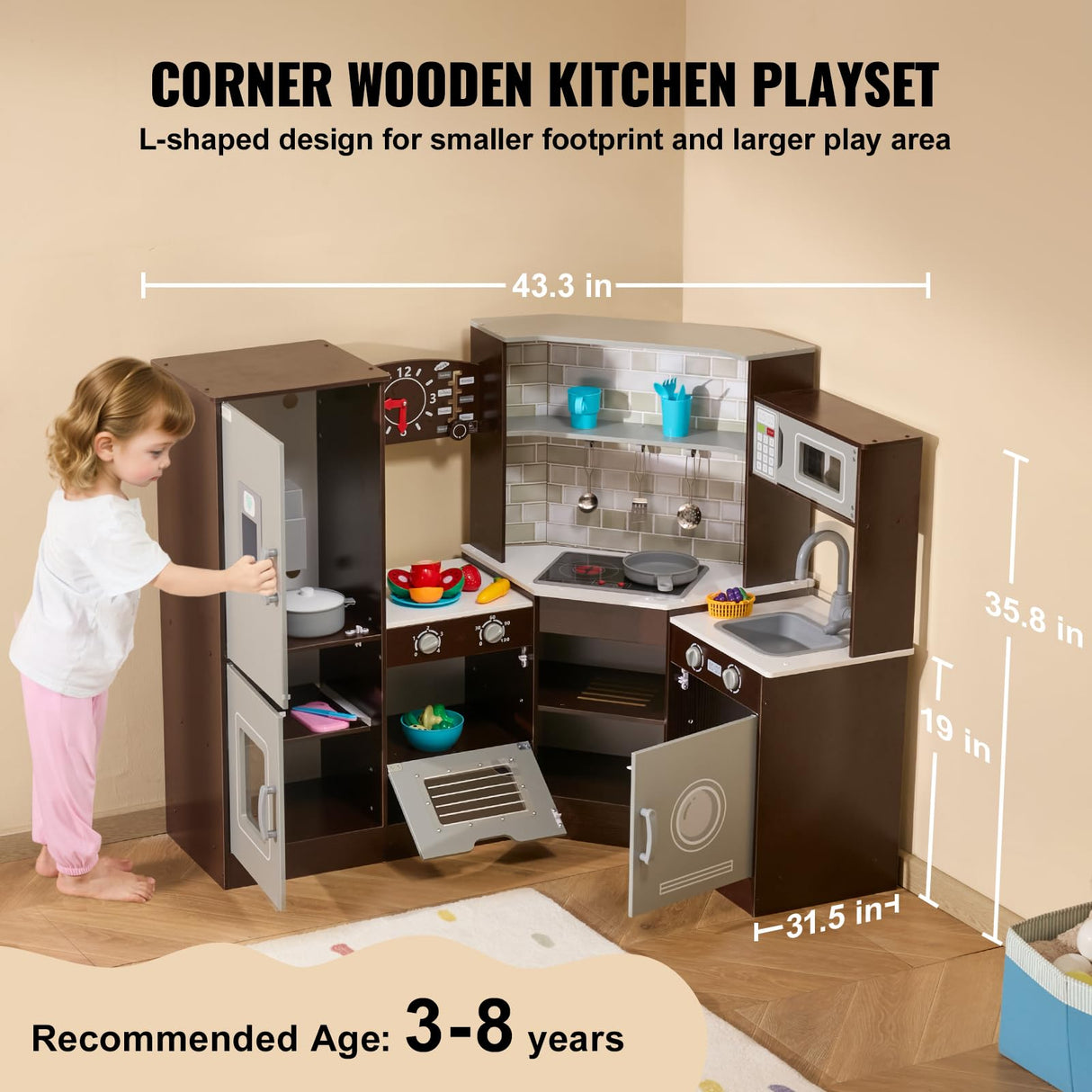 VEVOR Juego de Cocina de Madera de Esquina con Luces y Sonidos, Cocina con Máquina de Hielo, Horno, Fregadero, Reloj, Microondas, Refrigerador y Accesorios para Niños Pequeños y Preescolares, Marrón