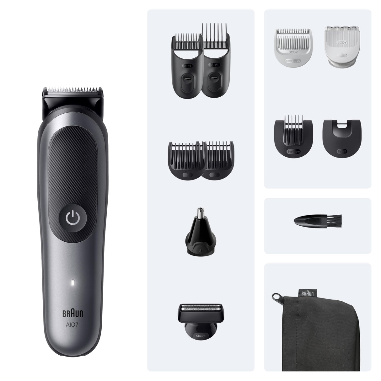 Braun Recortadora Todo En Uno Series 7 AIO7545, Kit De Styling 12en1 Para Barba, Pelo, Orejas, Nariz y Cuerpo, 14 Longitudes, 120 Min De Autonomía, Gris, El embalaje puede variar