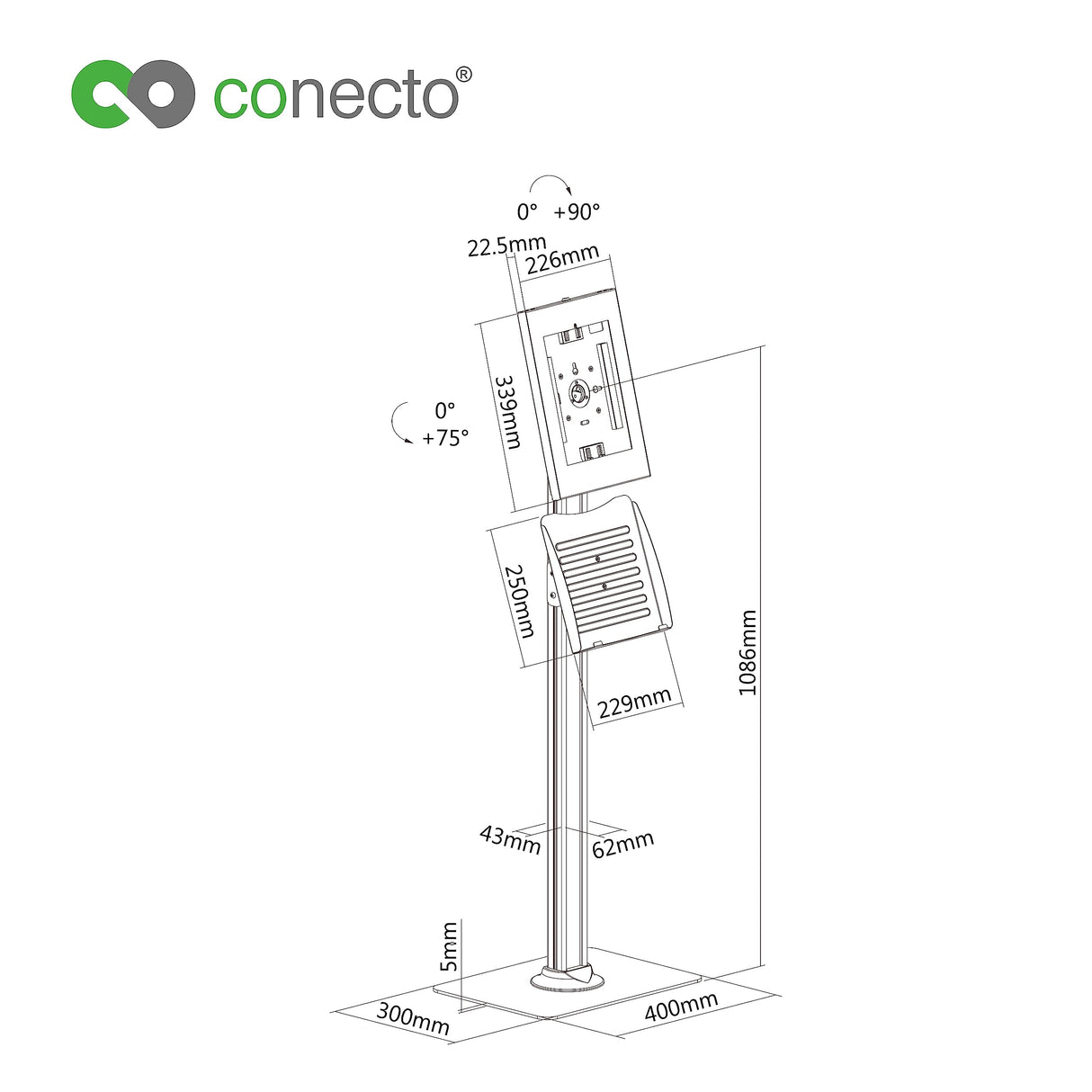 Conecto Soporte de Suelo para Tablet, con Carcasa de para Tab A 10.1 (2019)/ Tab A7/ S6 Lite 10.4/10.5"/11 y iPad 5/6/7/8/9/ iPad Air 9.7"/ 10.5"/10.9 "/iPad Air 9,7"/10,5"/11, Negro