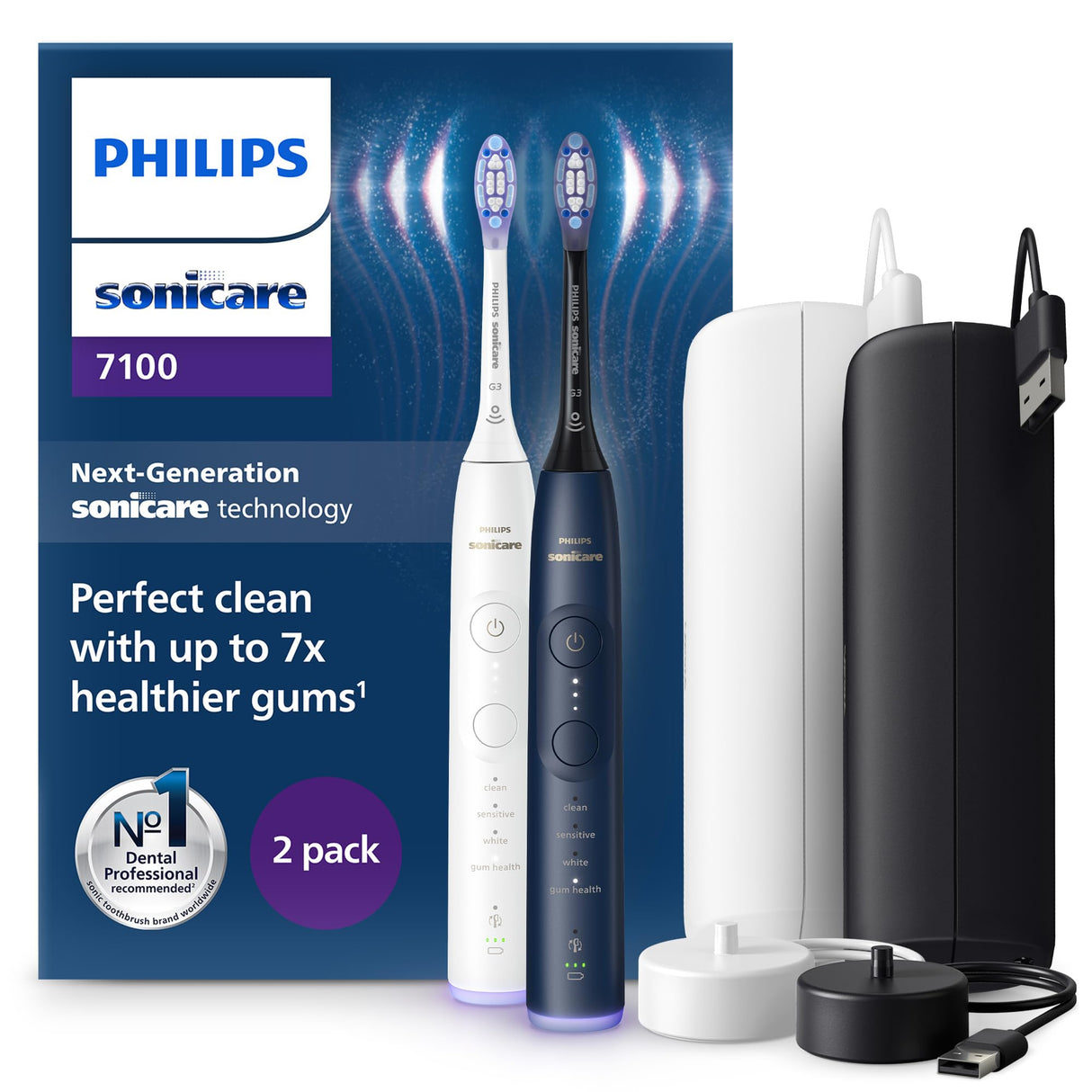 Philips Sonicare 7100 cepillo dental eléctrico, sónico con 4 modos de cepillado y 3 niveles de intensidad, EasyStart, blanco y azul marino, paquete de 2, HX7429/01 [Nueva Tecnología]