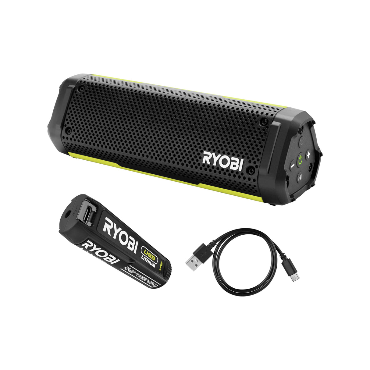 RYOBI - Altavoz Bluetooth inalámbrico de 4 voltios, portátil e Impermeable (IP67), batería de 2 Ah USB de Litio de Larga duración, RS4-120G