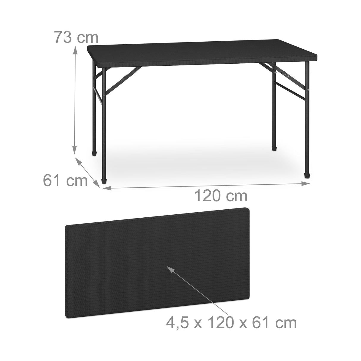 Relaxdays Conjunto Jardín Plegable, 3 Piezas, Mesa de Exterior, 2 Bancos Patio, Camping o Recepción, Efecto Ratán, Negro, Acero, 73 x 120 x 61 cm