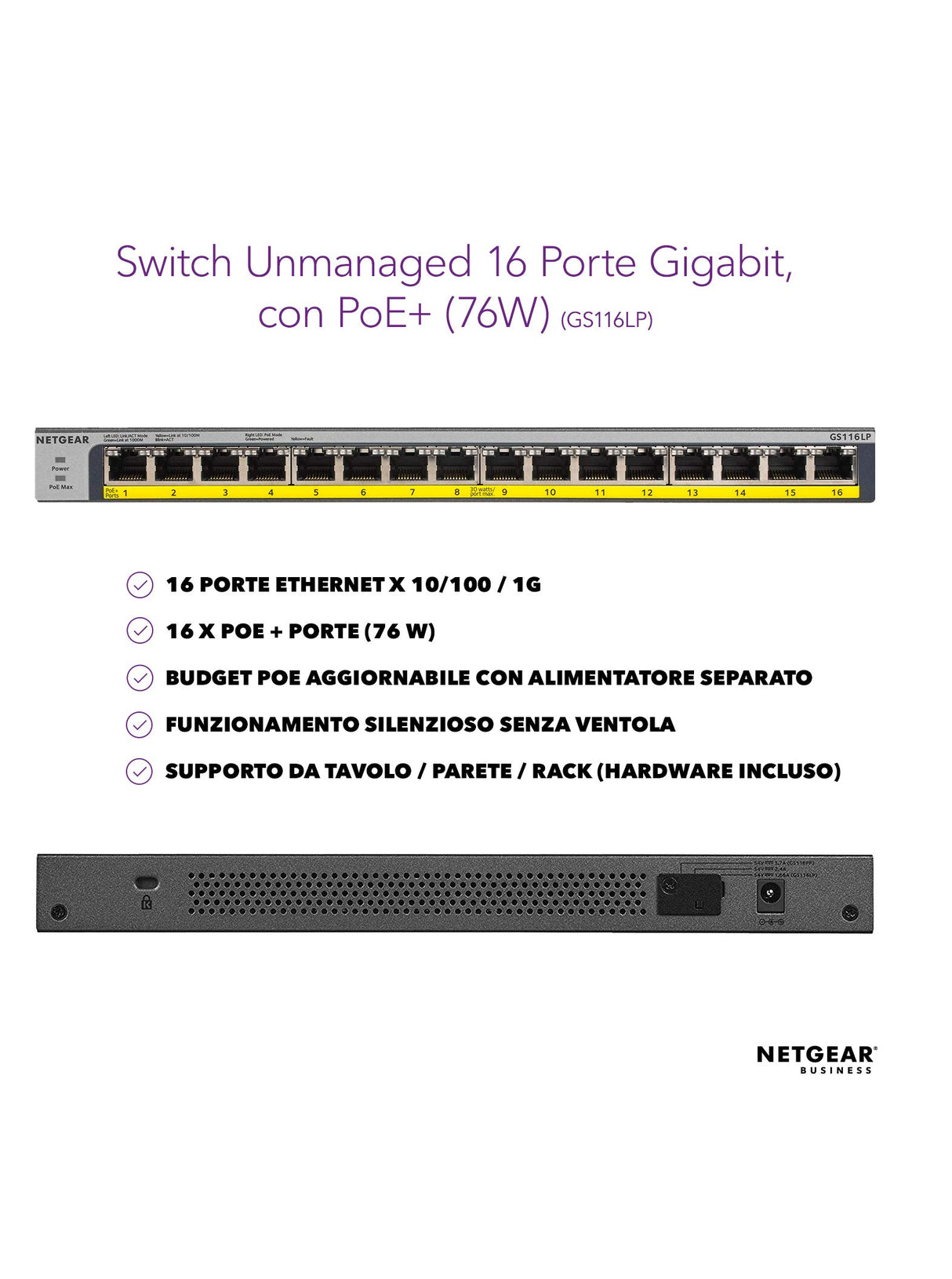 NETGEAR Switch PoE Gigabit Ethernet no gestionado de 16 puertos (GS116LP) | con 16 x PoE+ consumo 76 W ampliable |de sobremesa, para montaje en pared o en bastidor | y protección limitada