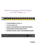 NETGEAR Switch PoE Gigabit Ethernet no gestionado de 16 puertos (GS116LP) | con 16 x PoE+ consumo 76 W ampliable |de sobremesa, para montaje en pared o en bastidor | y protección limitada