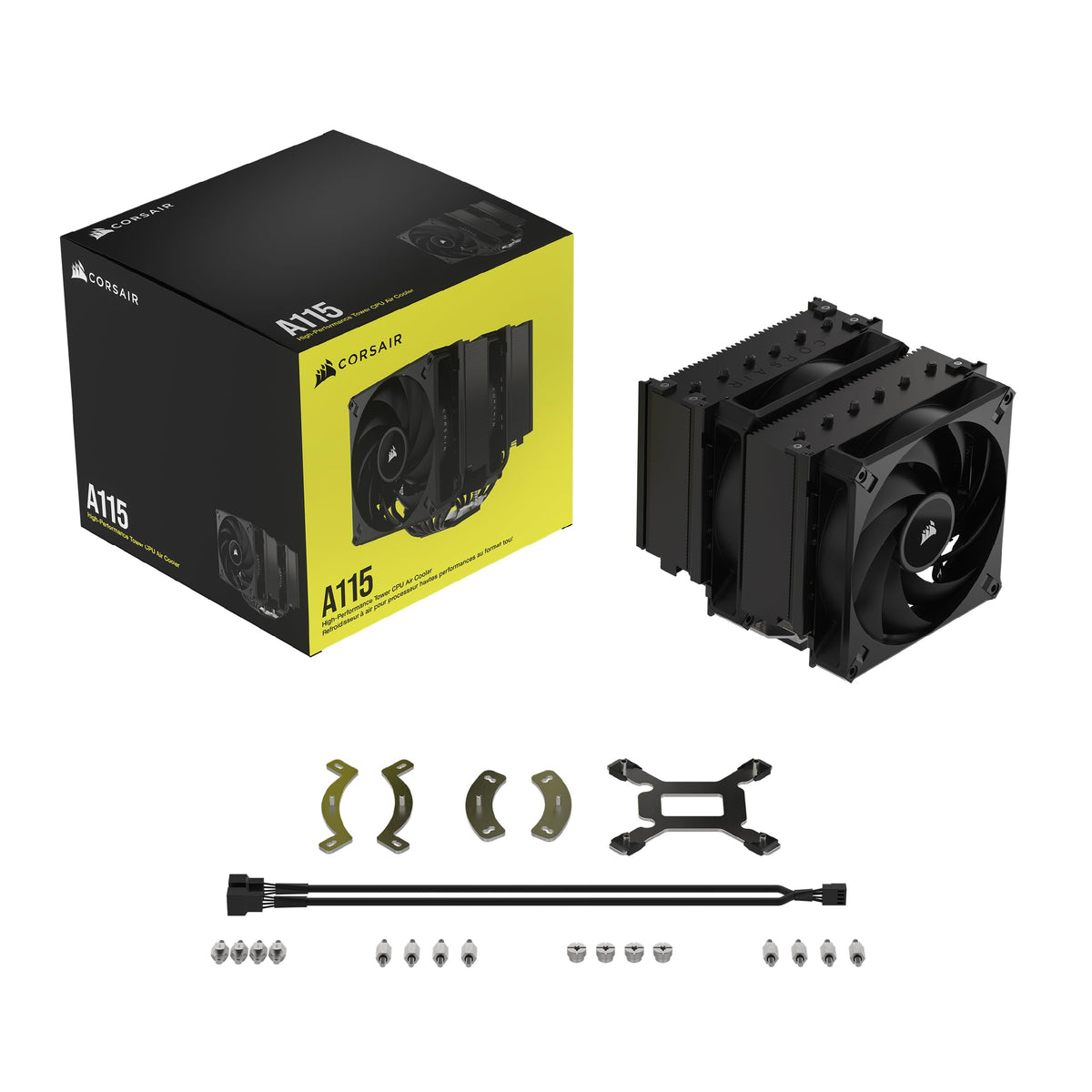 CORSAIR A115 Torre de Alto Rendimiento para CPU - Enfría hasta 270W TDP - Montaje de Ventilador Deslizante y de Bloqueo - Dos Ventiladores Corsair AF140 Elite - Pasta Térmica Preaplicada - Negro