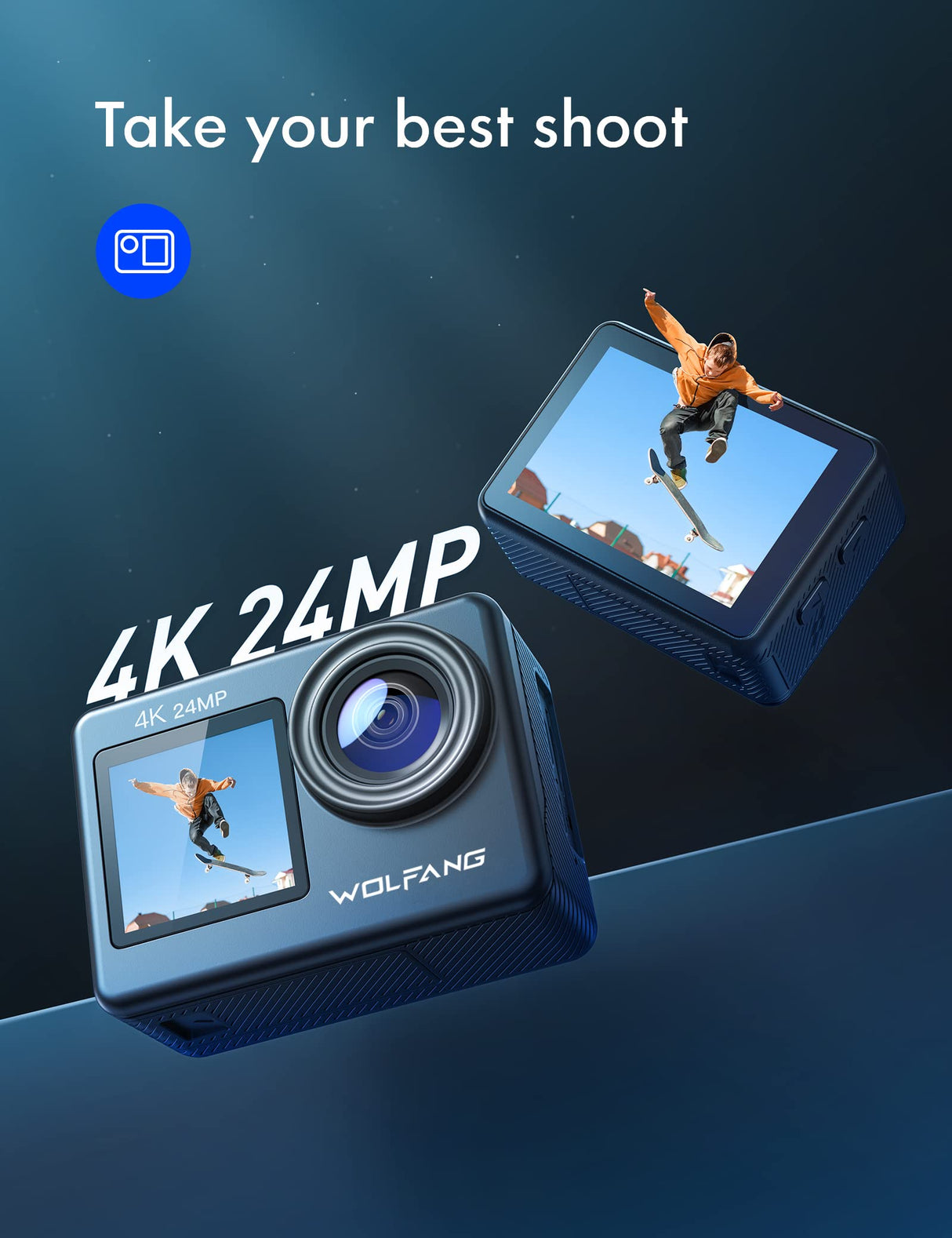 WOLFANG Cámara Deportiva GA200 4K 24MP Doble Pantalla WiFi Cámara de Video, Cámara Acuática Sumergible de 40M, 170° Gran Angular, Control Remoto EIS Mejorado, 2 Baterías, Multi Accesorios