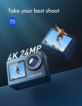 WOLFANG Cámara Deportiva GA200 4K 24MP Doble Pantalla WiFi Cámara de Video, Cámara Acuática Sumergible de 40M, 170° Gran Angular, Control Remoto EIS Mejorado, 2 Baterías, Multi Accesorios