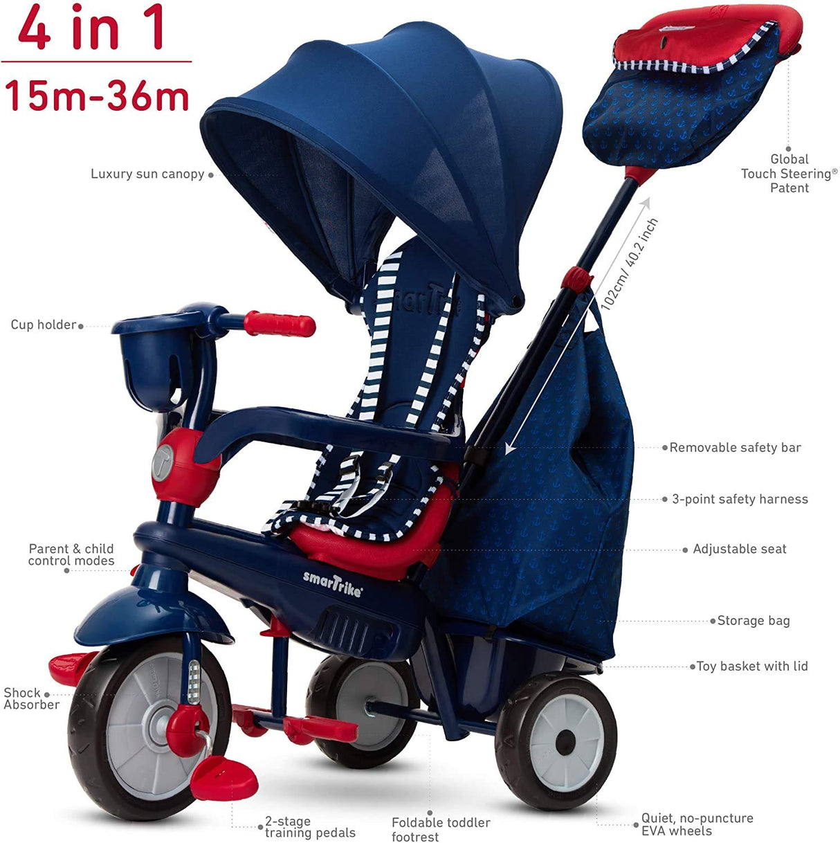 smarTrike Swirl Triciclo de bebé 4 en 1, Rojo Marino