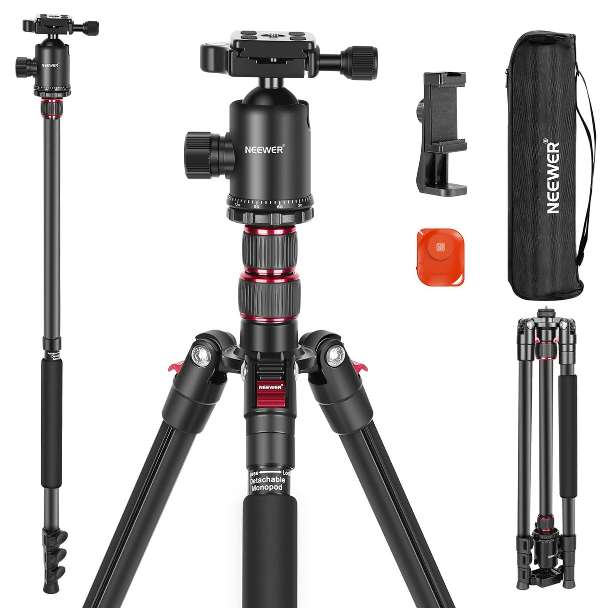 NEEWER 77" Trípode Monopie Cámara con Soporte Móvil Trípode Portátil Viaje con Control Remoto 360° Cabezal Esférico 2 Ejes Columna Central Placa Arca QR y Bolsa Trípode DSLR de Aluminio Máx 34lb, TP77