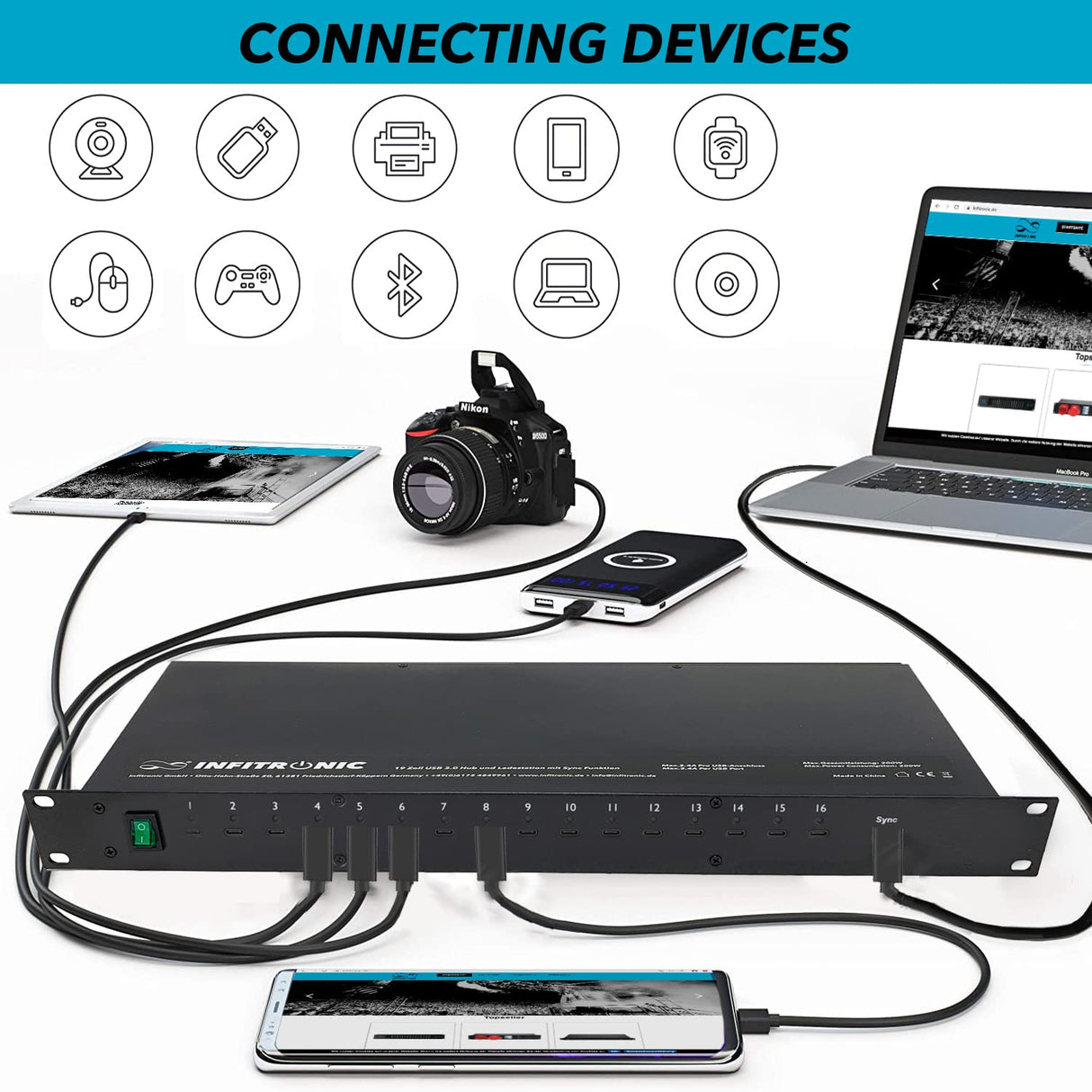 INFITRONIC - IN19PLG003-19 Pulgadas USB-C 3.0 Hub16 Puertos con estación de Carga y sincronización (Montaje en Rack de 1 UE)
