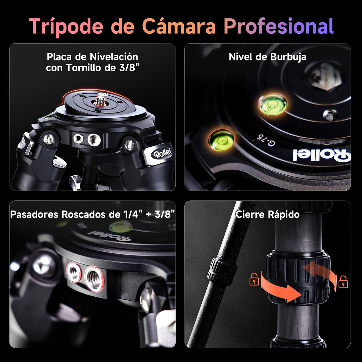 Rollei Rock Solid Alpha XL Mark III, 193cm Tripode Fibra de Carbono Profesional para Cámaras con Capacidad de Carga de 40kg Camera Tripod Negro con Cabezal Nivelador para DSLR Videocámara