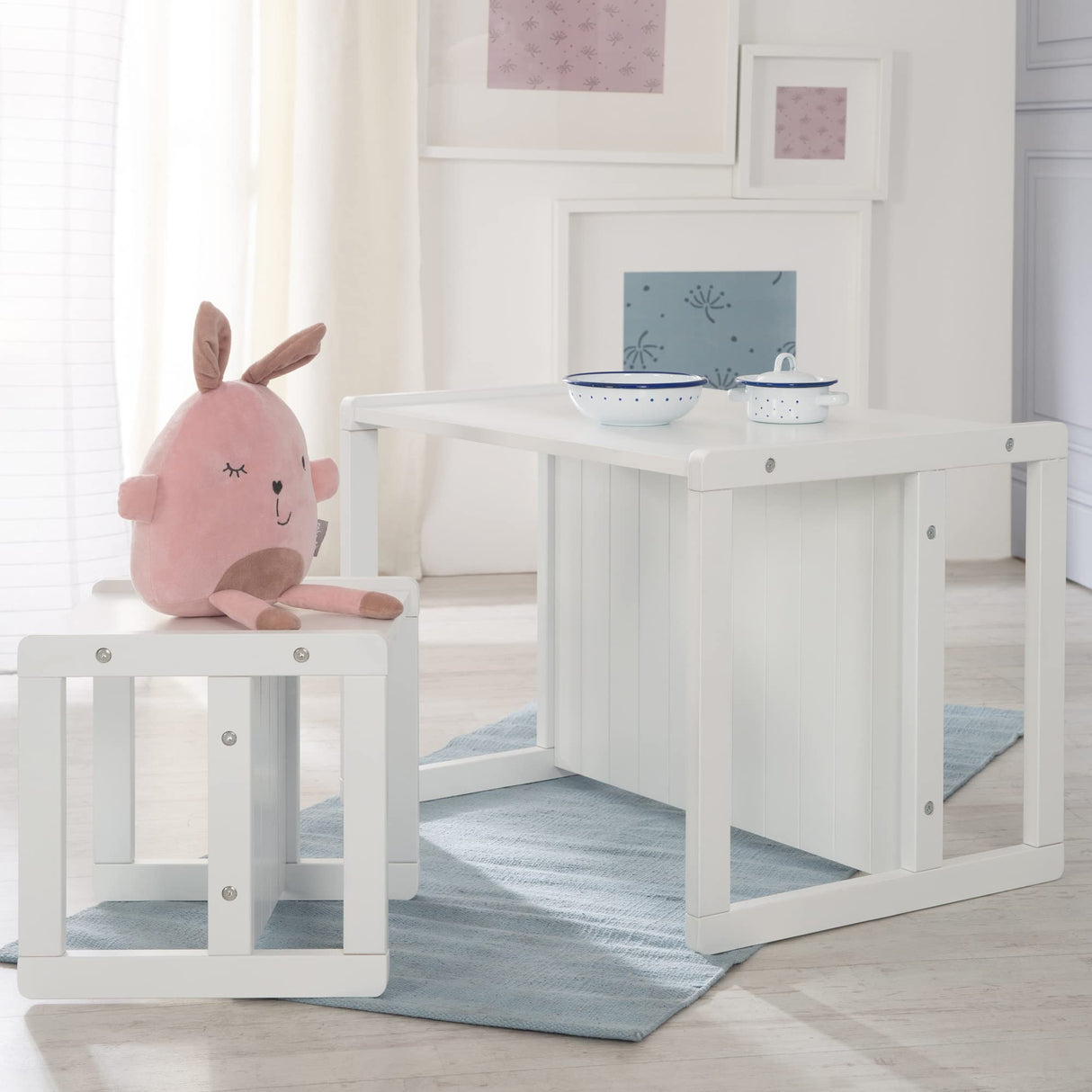 roba Grupo de Asiento de Estilo rústico para niños, 1 Taburete y un Banco para niños Convertible a la Mesa, Color Blanco