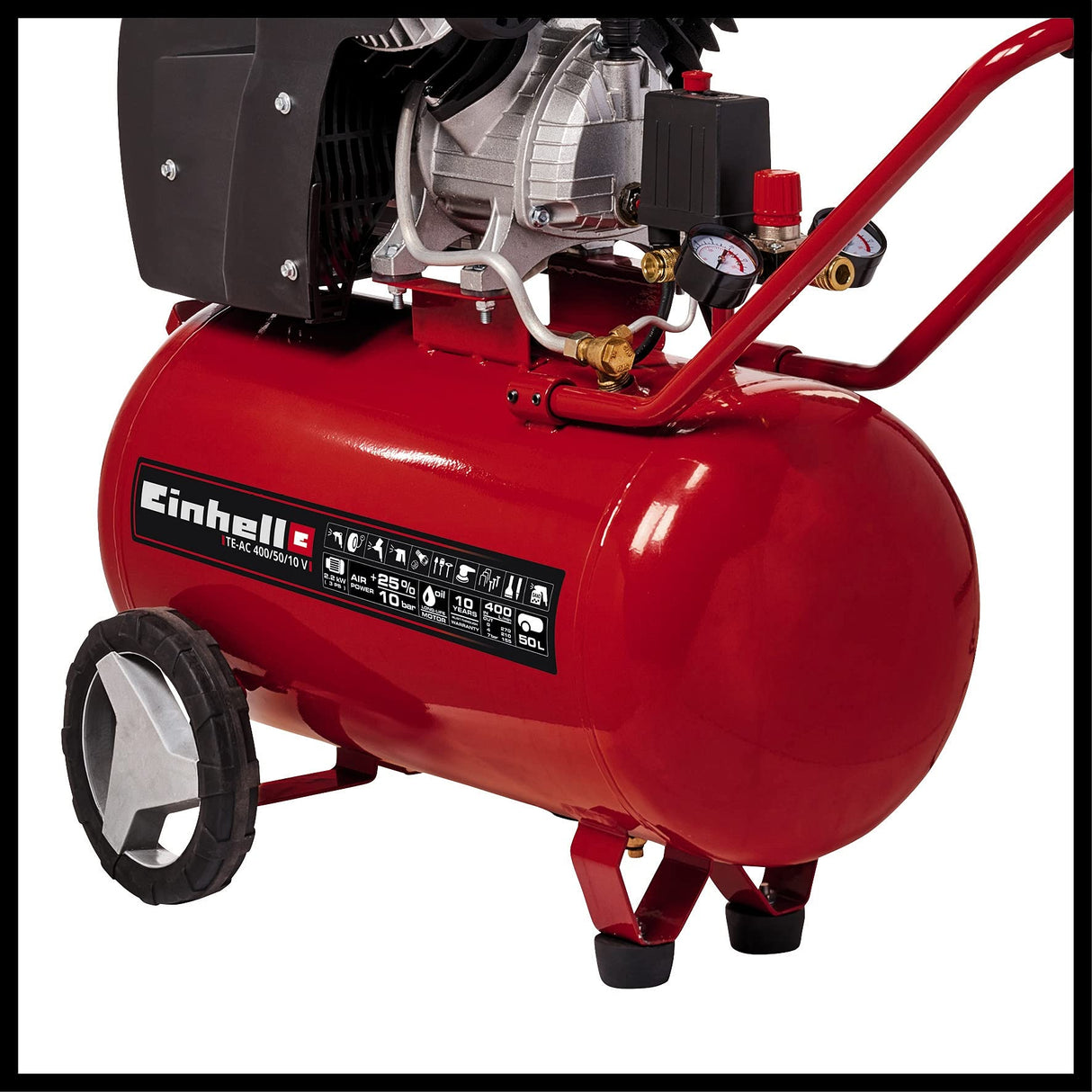 Einhell Compresor TE-AC 400/50/10 V (cilindro en V lubricado por aceite, 2200W, 10 bar, tanque de 50L, capacidad de aspiración de 400l/min, reductor de presión, 2 manómetros y 2 acoplamientos rápidos)