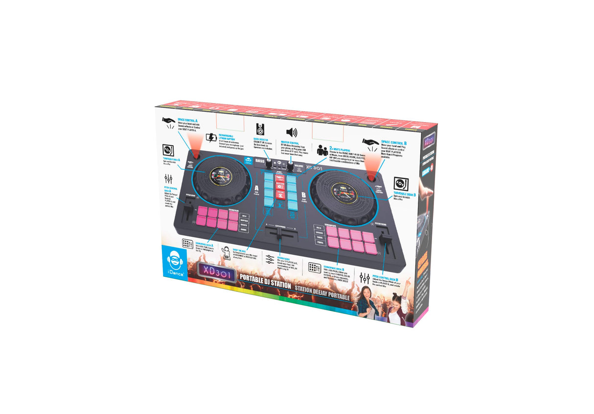 Cefa Toys - Estación de Dj Portátil con Altavoces y Control Espacial 14 en 1, Con Tocadiscos, Crossfader y Más de 144 Combinaciones de Mix, Incluye Reproductor de Bluetooth y USB y Batería Recargable