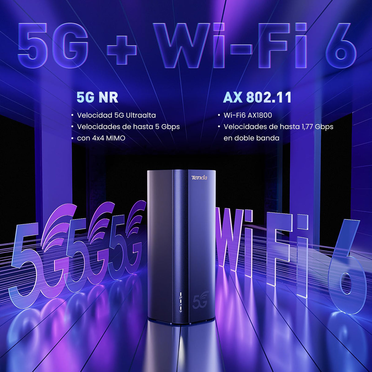 Tenda 5G03 - Router 5G NR LTE, Router Wi-Fi 6 AX1800, Velocidad hasta 4,67 Gbps, Easy Mesh, Plug&Play, 2 Puertos Gigabit, Conecta hasta 128 Dispositivos, WPA3, OFDMA, MU-MIMO